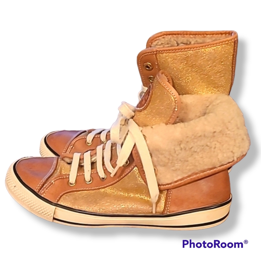 Tory Burch Benjamin Gold and Tan High Top Shearling Sneakers